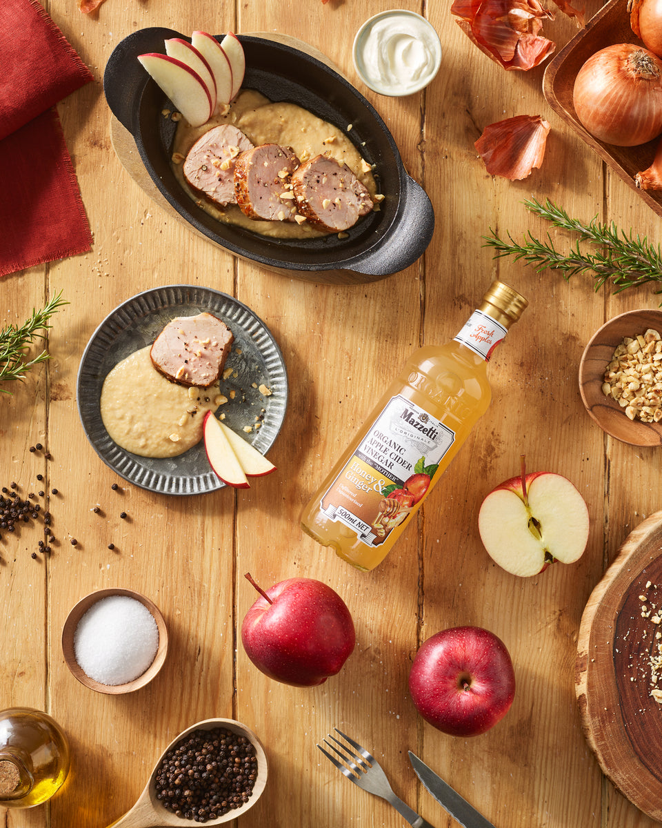 Roast pork fillet on cooked apple cream and roasted hazelnuts – Mazzetti l'Originale AUS | Balsamic 