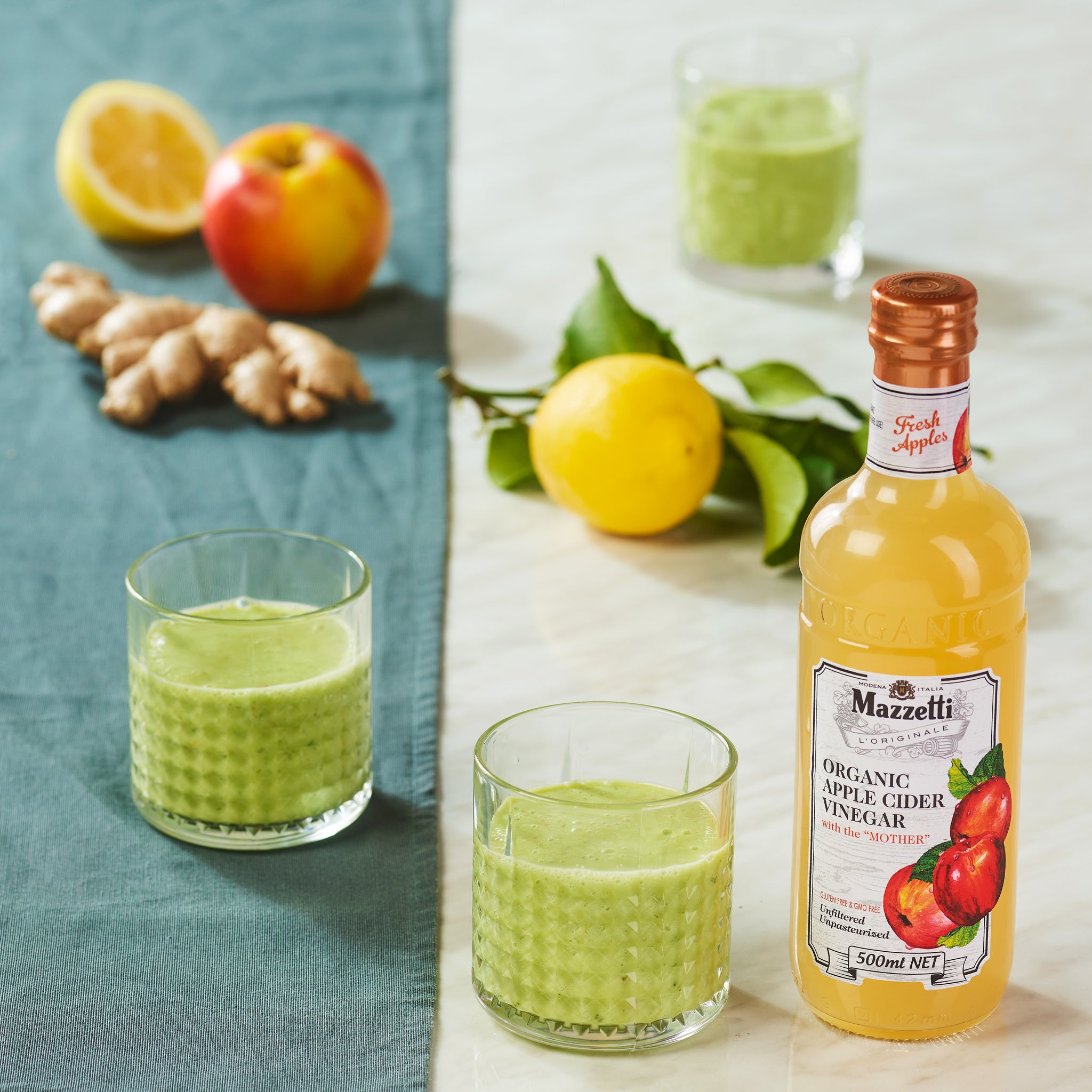 Smoothie with avocado, apple, cucumber, celery, ginger, lemon and Organic Apple Cider Vinegar