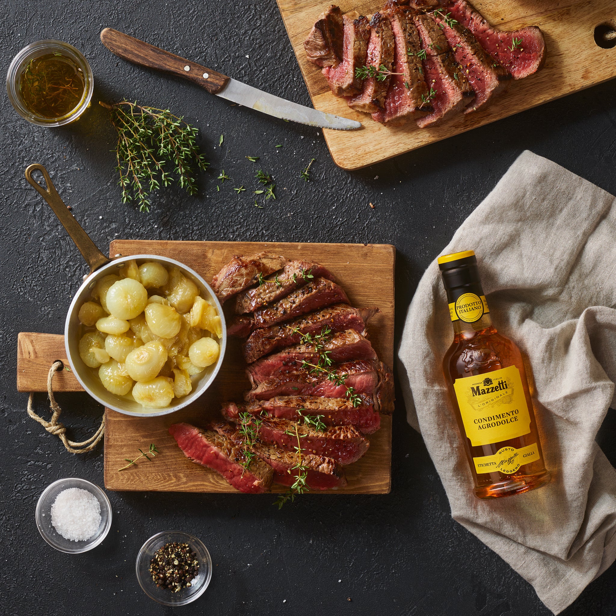 Thyme beef tagliata with sweet and sour Borettane onions